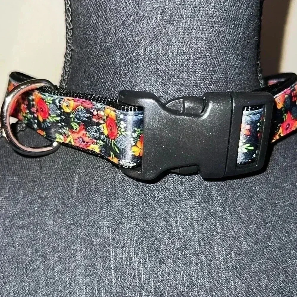 Dog Collar Orange Pink Floral Black Extra Large Heavy Duty Quick Release Collar